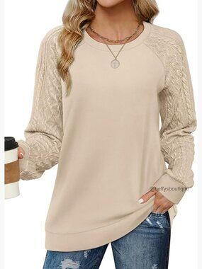Crewneck Cable Knit Sweatshirt - Lightweight Cozy Pullover